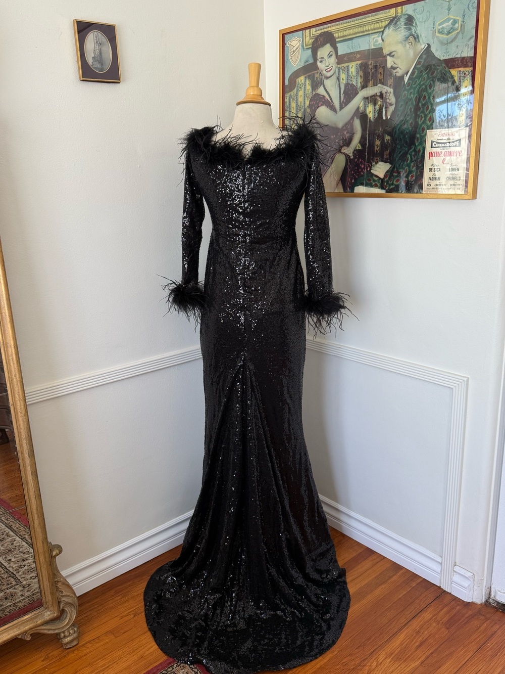 Black Sequin Feather-Trim Evening Gown
